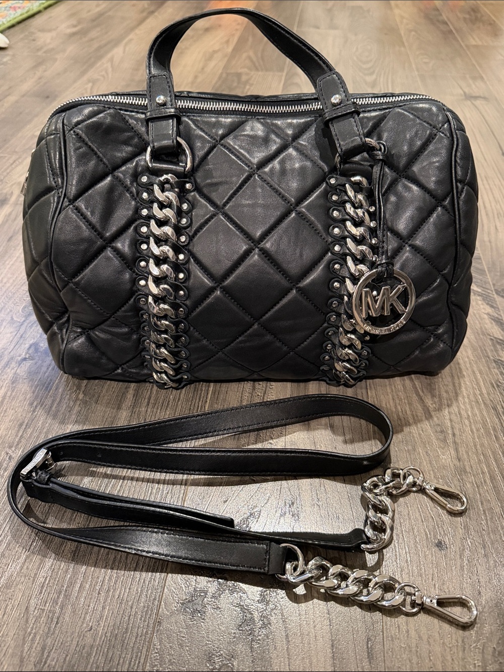 Michael Kors Black Quilted Satchel with Silver Chain Trim + Crossbody Strap